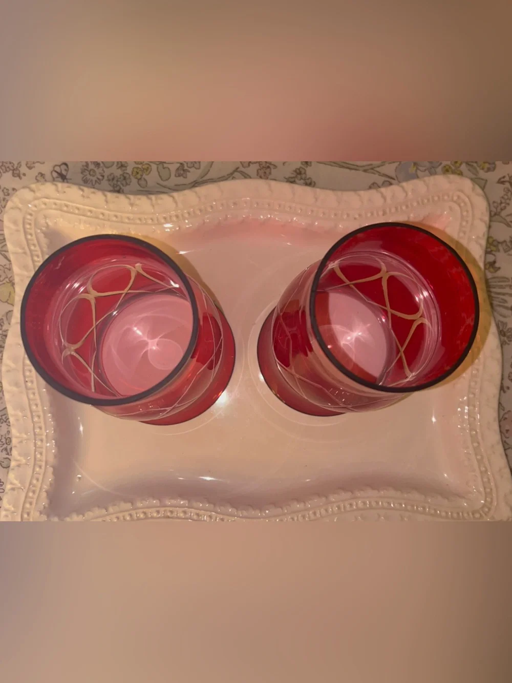 Ruby Red Glass Diamond Lattice Hurricane/Chimney Shade Set of 2